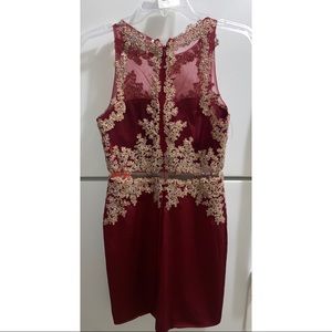 Promgirl Burgundy and gold embroidered dress